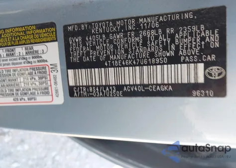 2007 Toyota Camry Xle from USA, damaged, VIN 4T1BE46K47U618950